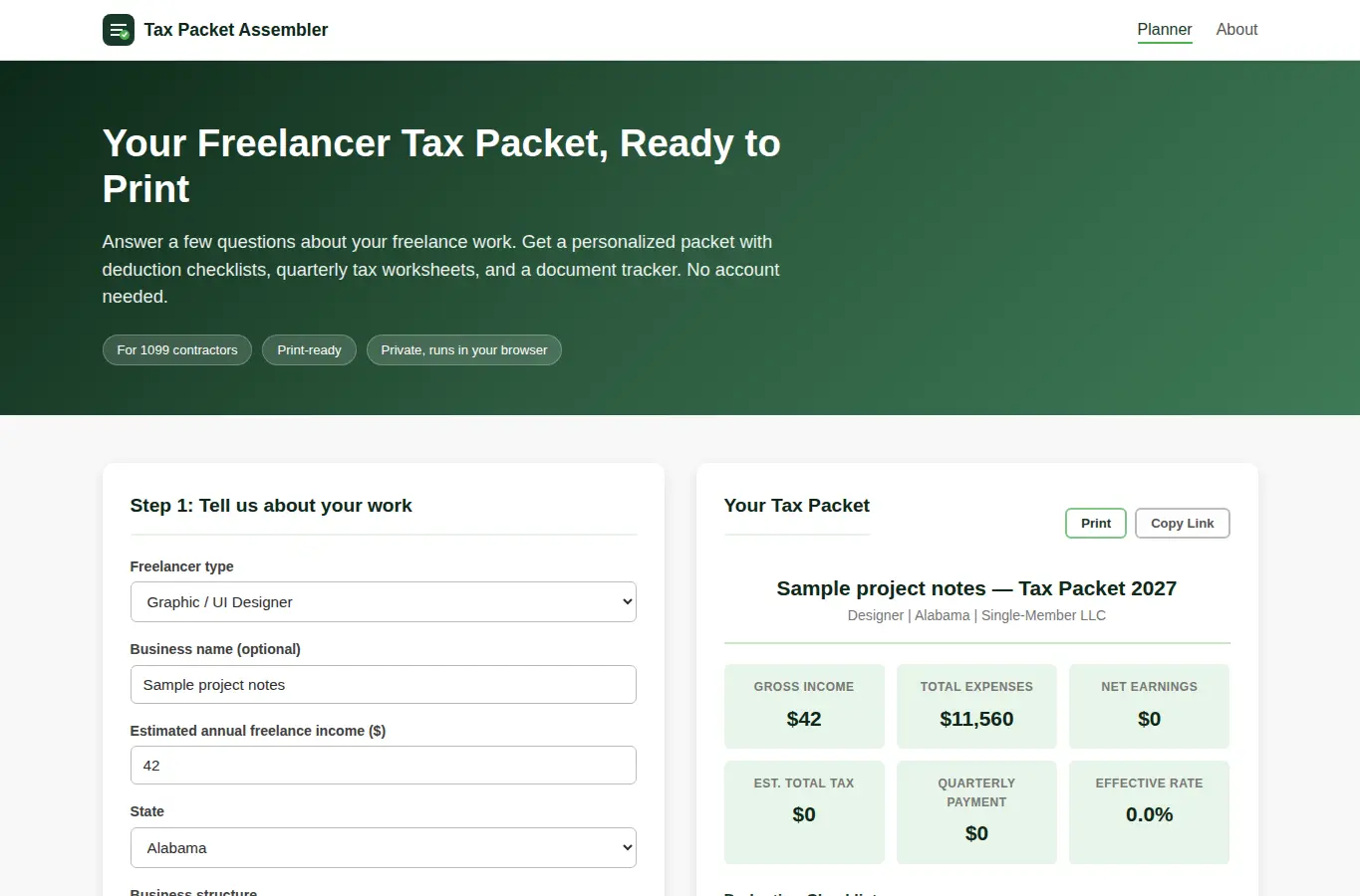 Screenshot of Freelancer Year-End Tax Packet Assembler interface showing the project page in use